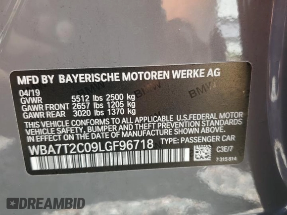 2020 BMW 7 Series 740i with VIN WBA7T2C09LGF96718, listed as a Copart auction lot 63169003 with 43,315 mi miles. Bid and sale history available at carsss.com. Image 12.
