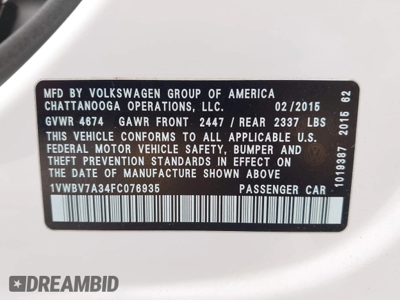 2015 Volkswagen Passat SE с VIN 1VWBV7A34FC076935, выставлен на аукционе IAAI как лот 42394375 с пробегом 172 408 миль миль и . История ставок и продаж доступна на DreamBid. Изображение 9.