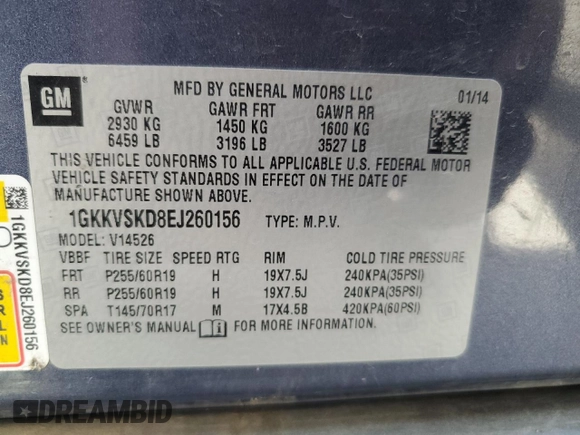 2014 GMC Acadia SLT with VIN 1GKKVSKD8EJ260156, listed as a Copart auction lot 49916225 with 133,141 mi miles and Salvage Title. Bid and sale history available at carsss.com. Image 14.