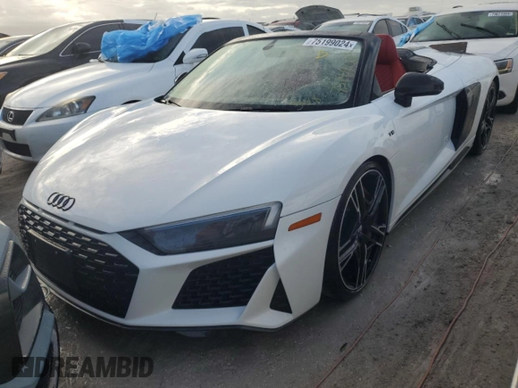 2020 Audi R8 Spyder performance z VIN WUA4BCFX3L7901606, wystawiony jako Copart lot #75199024 z przebiegiem Nie podano mil oraz Nie do naprawy. Historia ofert i sprzedaży dostępna na DreamBid. Obrazek 1.