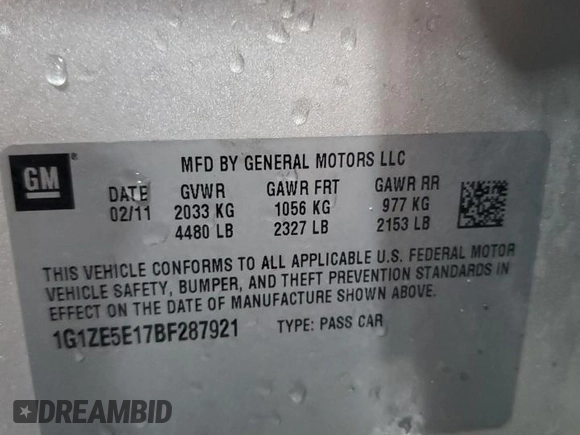 2011 Chevrolet Malibu LTZ with VIN 1G1ZE5E17BF287921, listed as a Copart auction lot 50272055 with 103,766 mi miles and Salvage Title. Bid and sale history available at DreamBid. Image 12.