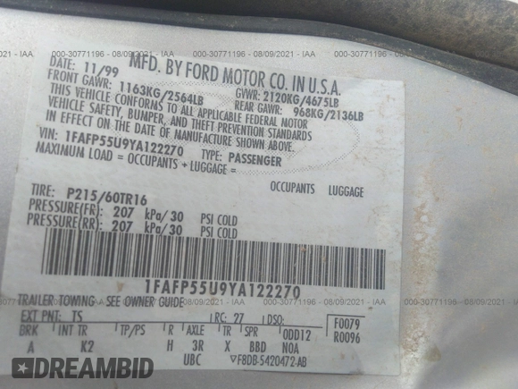 2000 Ford Taurus SES with VIN 1FAFP55U9YA122270, listed as a IAAI auction lot 30771196 with 136,621 mi miles and . Bid and sale history available at DreamBid. Image 9.