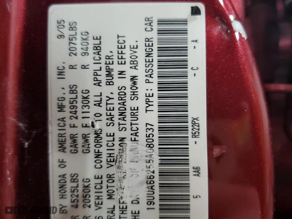 2005 Acura TL with VIN 19UUA66255A080537, listed as a Copart auction lot 52018525 with 162,820 mi miles and Salvage Title. Bid and sale history available at carsss.com. Image 13.