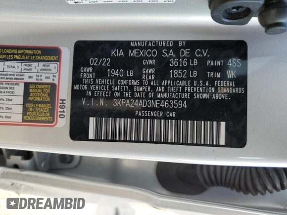 2022 Kia Rio LX with VIN 3KPA24AD3NE463594, listed as a Copart auction lot 48175795 with 22,446 mi miles and Salvage Title. Bid and sale history available at DreamBid. Image 14.