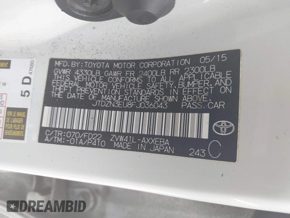 2015 Toyota Prius Two with VIN JTDZN3EU8FJ036043, listed as a IAAI auction lot 42176629 with 154,939 mi miles and . Bid and sale history available at DreamBid. Image 9.