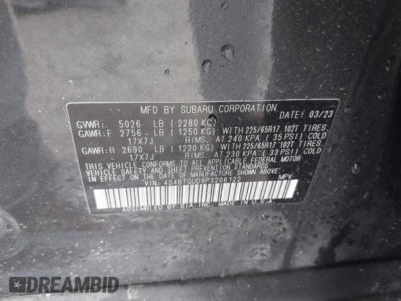 2023 Subaru Outback Wilderness with VIN 4S4BTGUD9P3206122, listed as a IAAI auction lot 41693901 with 25,582 mi miles and . Bid and sale history available at DreamBid. Image 9.
