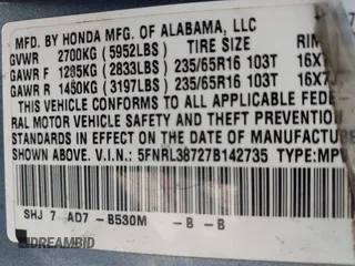 2007 Honda Odyssey EX-L with VIN 5FNRL38727B142735, listed as a IAAI auction lot 42093062 with 195,653 mi miles and . Bid and sale history available at DreamBid. Image 9.