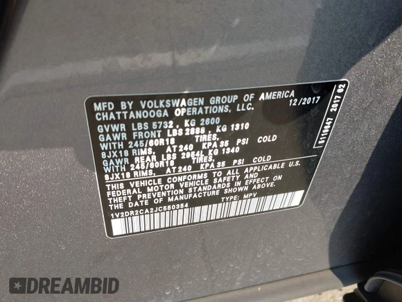 2018 Volkswagen Atlas SE z VIN 1V2DR2CA2JC550354, wystawiony jako IAAI lot #42481731 z przebiegiem 119 914 mil mil oraz . Historia ofert i sprzedaży dostępna na DreamBid. Obrazek 9.