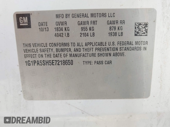 2014 Chevrolet Cruze LS with VIN 1G1PA5SH5E7218650, listed as a IAAI auction lot 42093764 with 189,813 mi miles and . Bid and sale history available at DreamBid. Image 9.