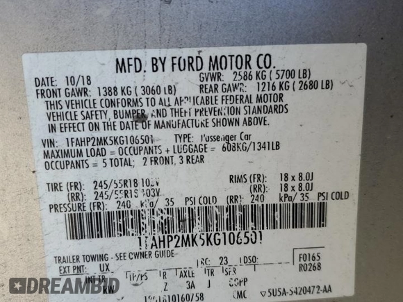 2019 Ford Police Interceptor z VIN 1FAHP2MK5KG106501, wystawiony jako Copart lot #48681665 z przebiegiem 104 332 mil mil oraz Nie do naprawy • Non repairable. Historia ofert i sprzedaży dostępna na DreamBid. Obrazek 12.