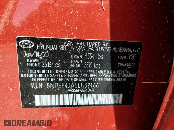 2020 Hyundai Sonata SEL z VIN 5NPEF4JA5LH024661, wystawiony jako Copart lot #56717715 z przebiegiem Nie podano mil oraz Nie do naprawy. Historia ofert i sprzedaży dostępna na DreamBid. Obrazek 12.