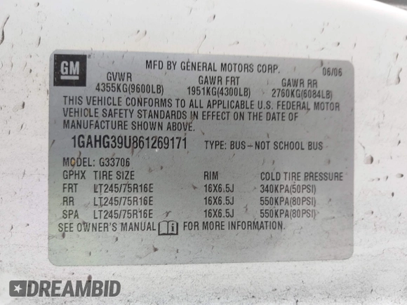 2006 Chevrolet Express Passenger with VIN 1GAHG39U861269171, listed as a IAAI auction lot 42057339 with 83,576 mi miles and . Bid and sale history available at DreamBid. Image 9.