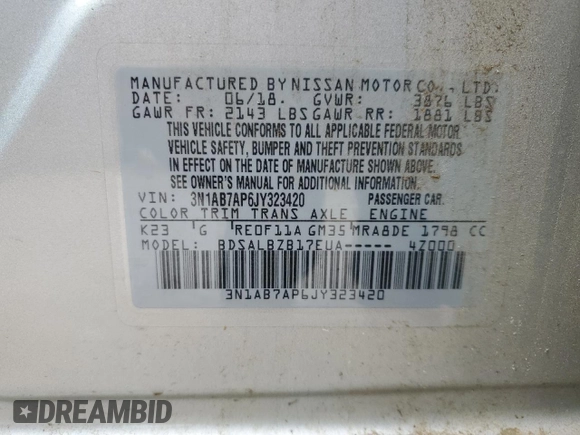 2018 Nissan Sentra S z VIN 3N1AB7AP6JY323420, wystawiony jako Copart lot #51597405 z przebiegiem 77 873 mil mil oraz Szkoda całkowita • Salvage title. Historia ofert i sprzedaży dostępna na DreamBid. Obrazek 14.