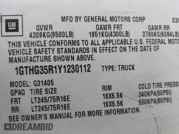 2000 GMC Savana z VIN 1GTHG35R1Y1230112, wystawiony jako IAAI lot #41884197 z przebiegiem 147 975 mil mil oraz . Historia ofert i sprzedaży dostępna na DreamBid. Obrazek 9.