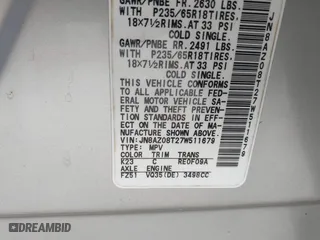 2007 Nissan Murano SL with VIN JN8AZ08T27W511679, listed as a IAAI auction lot 41511340 with 156,780 mi miles. Bid and sale history available at carsss.com. Image 9.