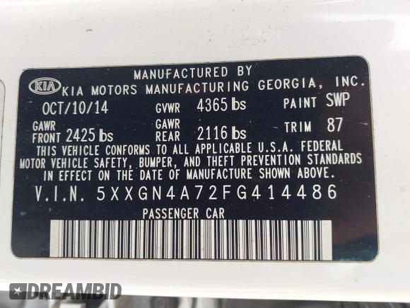 2015 Kia Optima EX with VIN 5XXGN4A72FG414486, listed as a IAAI auction lot 41870529 with 119,029 mi miles. Bid and sale history available at carsss.com. Image 9.