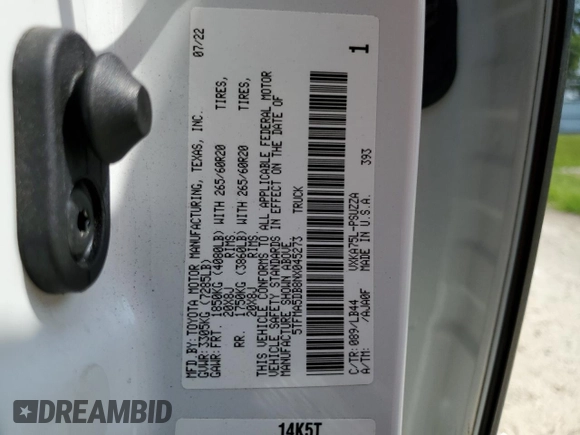 2022 Toyota Tundra 1794 Edition with VIN 5TFMA5DB8NX045273, listed as a Copart auction lot 59119765 with 37,454 mi miles and Non repairable. Bid and sale history available at DreamBid. Image 13.