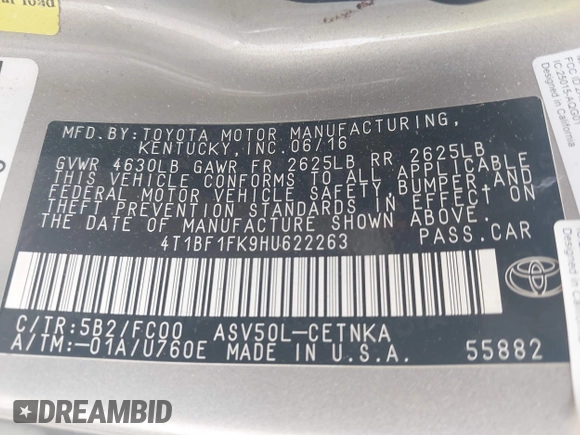 2017 Toyota Camry XLE z VIN 4T1BF1FK9HU622263, wystawiony jako IAAI lot #41542248 z przebiegiem Nie podano mil oraz . Historia ofert i sprzedaży dostępna na DreamBid. Obrazek 9.