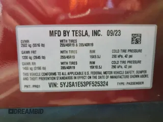 2023 Tesla Model S with VIN 5YJSA1E53PF525324, listed as a Copart auction lot 48079685 with Not provided miles and Salvage title. Bid and sale history available at DreamBid. Image 12.
