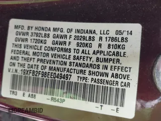 2014 Honda Civic EX-L with VIN 19XFB2F98EE049497, listed as a IAAI auction lot 42011129 with 132,580 mi miles and . Bid and sale history available at DreamBid. Image 9.