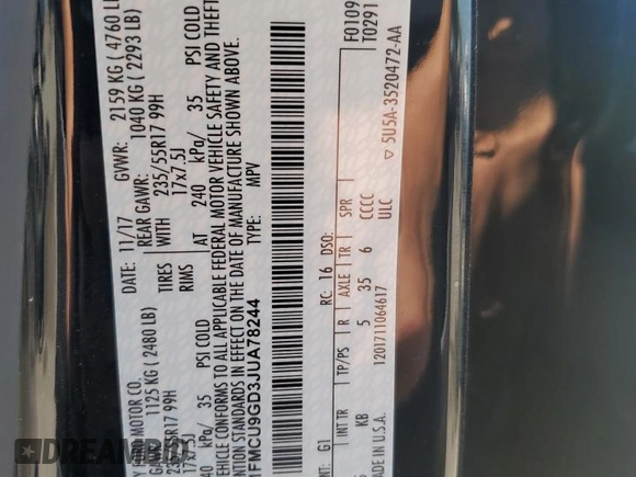 2018 Ford Escape SE z VIN 1FMCU9GD3JUA78244, wystawiony jako Copart lot #59508955 z przebiegiem 108 273 mil mil oraz Szkoda całkowita • Salvage title. Historia ofert i sprzedaży dostępna na DreamBid. Obrazek 14.