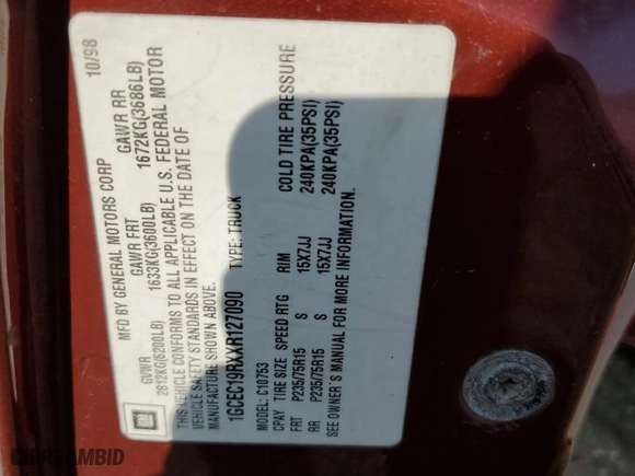 1999 Chevrolet C/K 1500 with VIN 1GCEC19RXXR127090, listed as a Copart auction lot 79443454 with 207,584 mi miles and Salvage Title. Bid and sale history available at carsss.com. Image 14.