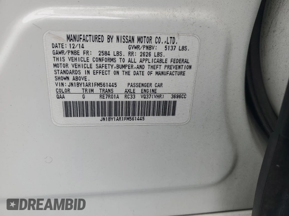 2015 Infiniti Q70 z VIN JN1BY1AR1FM561445, wystawiony jako Copart lot #58377655 z przebiegiem 202 174 mil mil oraz Szkoda całkowita • Salvage title. Historia ofert i sprzedaży dostępna na DreamBid. Obrazek 12.