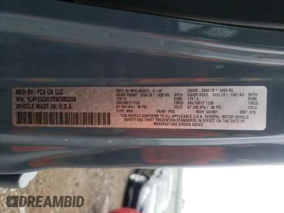 2024 Jeep Wrangler Sport S with VIN 1C4PJXDG1RW305304, listed as a Copart auction lot 57555635 with 5,705 mi miles and Salvage title. Bid and sale history available at DreamBid. Image 14.