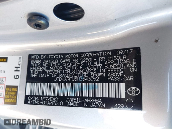 2017 Toyota Prius Two with VIN JTDKARFU5H3543052, listed as a IAAI auction lot 41348624 with 34,903 mi miles. Bid and sale history available at carsss.com. Image 9.