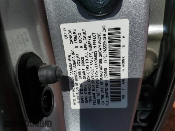 2015 Honda Civic EX z VIN 2HGFB2F86FH550760, wystawiony jako Copart lot #56968225 z przebiegiem 129 183 mil mil oraz Szkoda całkowita • Salvage title. Historia ofert i sprzedaży dostępna na DreamBid. Obrazek 12.