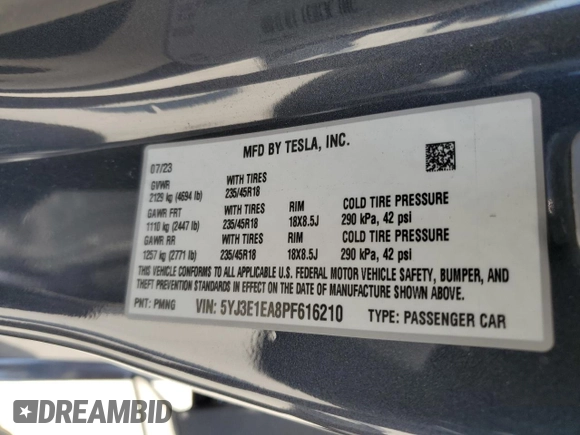 2023 Tesla Model 3 with VIN 5YJ3E1EA8PF616210, listed as a Copart auction lot 49340685 with 38,483 mi miles and Salvage Title. Bid and sale history available at DreamBid. Image 14.