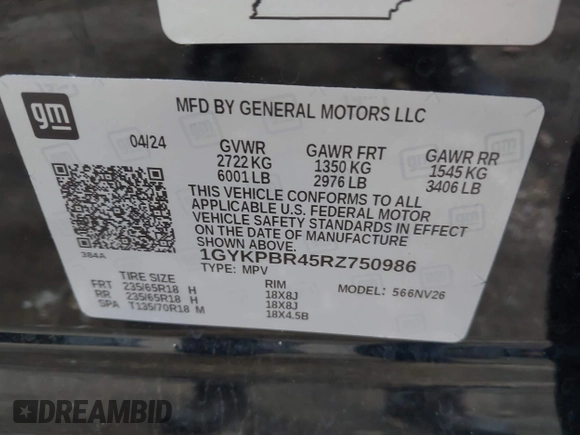 2024 Cadillac XT6 AWD Luxury with VIN 1GYKPBR45RZ750986, listed as a IAAI auction lot 42605419 with 50,929 mi miles and . Bid and sale history available at DreamBid. Image 9.