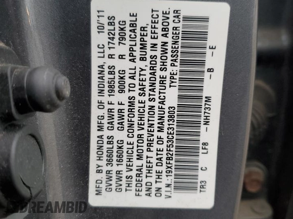 2012 Honda Civic LX with VIN 19XFB2F53CE313803, listed as a Copart auction lot 49202085 with 144,868 mi miles and Salvage Title. Bid and sale history available at DreamBid. Image 13.