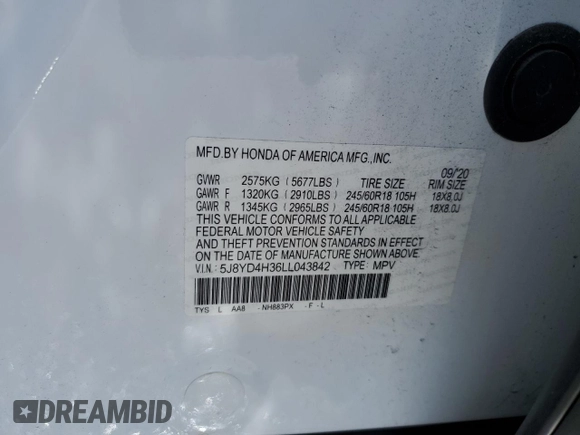 2020 Acura MDX with VIN 5J8YD4H36LL043842, listed as a Copart auction lot 53563845 with 50,071 mi miles and Salvage title. Bid and sale history available at DreamBid. Image 13.