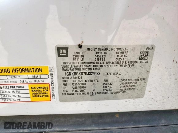 2016 Chevrolet Traverse LT with VIN 1GNKRGKD7GJ329622, listed as a Copart auction lot 57064375 with Not provided miles and Salvage title. Bid and sale history available at DreamBid. Image 14.