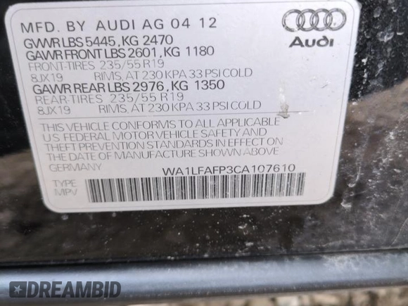 2012 Audi Q5 2.0T Premium Plus with VIN WA1LFAFP3CA107610, listed as a Copart auction lot 50108005 with 161,209 mi miles and Salvage Title. Bid and sale history available at carsss.com. Image 12.