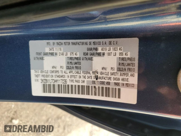 2017 Mazda 3 Sport with VIN 3MZBN1U70HM117039, listed as a Copart auction lot 49008705 with 68,763 mi miles and Salvage Title. Bid and sale history available at DreamBid. Image 12.