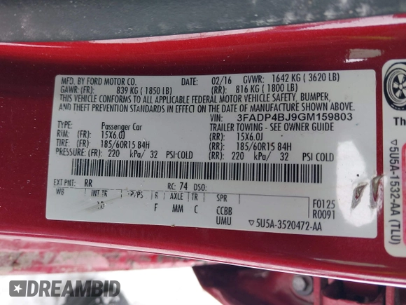 2016 Ford Fiesta SE with VIN 3FADP4BJ9GM159803, listed as a IAAI auction lot 41629525 with 1 mi miles. Bid and sale history available at carsss.com. Image 9.