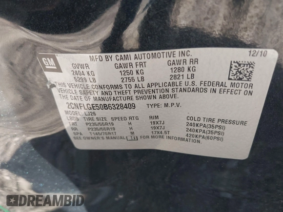 2011 Chevrolet Equinox LTZ with VIN 2CNFLGE50B6328409, listed as a IAAI auction lot 41814881 with 111,581 mi miles. Bid and sale history available at carsss.com. Image 9.