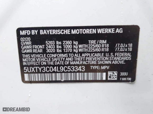 2020 BMW X3 sDrive30i with VIN 5UXTY3C04L9C53343, listed as a IAAI auction lot 41208883 with 1 mi miles. Bid and sale history available at carsss.com. Image 9.