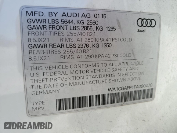 2015 Audi SQ5 Premium Plus with VIN WA1CGAFP1FA090470, listed as a Copart auction lot 55276774 with 209,211 mi miles and Salvage Title. Bid and sale history available at carsss.com. Image 12.