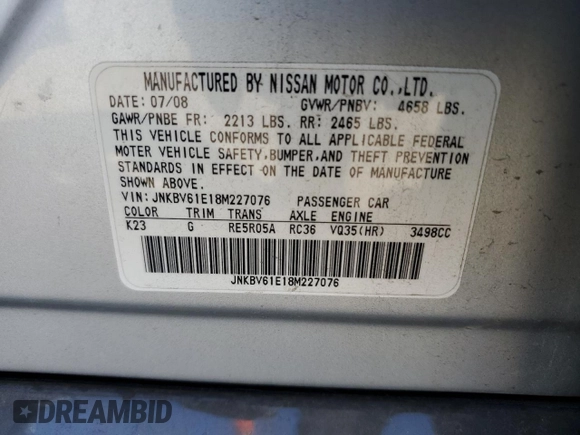 2008 Infiniti G35 Journey with VIN JNKBV61E18M227076, listed as a Copart auction lot 48754565 with 174,518 mi miles and Salvage Title. Bid and sale history available at DreamBid. Image 13.
