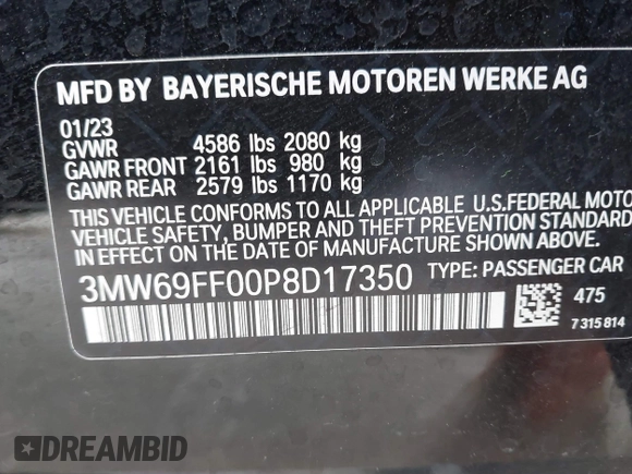 2023 BMW 3 Series 330i with VIN 3MW69FF00P8D17350, listed as a IAAI auction lot 41447178 with 23,372 mi miles. Bid and sale history available at carsss.com. Image 9.