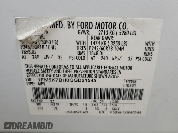 2016 Ford Explorer z VIN 1FM5K7BH0GGD21545, wystawiony jako Copart lot #60979495 z przebiegiem 134 965 mil mil oraz Szkoda całkowita • Salvage title. Historia ofert i sprzedaży dostępna na DreamBid. Obrazek 14.