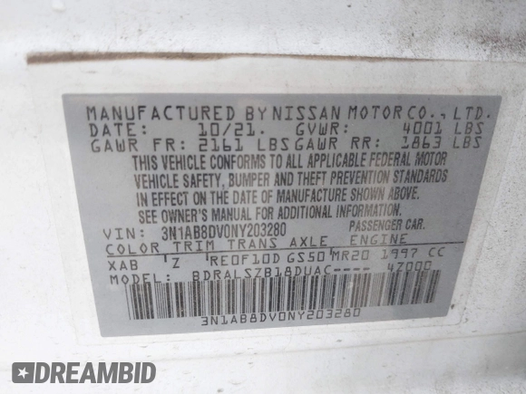 2022 Nissan Sentra SR with VIN 3N1AB8DV0NY203280, listed as a IAAI auction lot 41665380 with 35,094 mi miles. Bid and sale history available at carsss.com. Image 9.