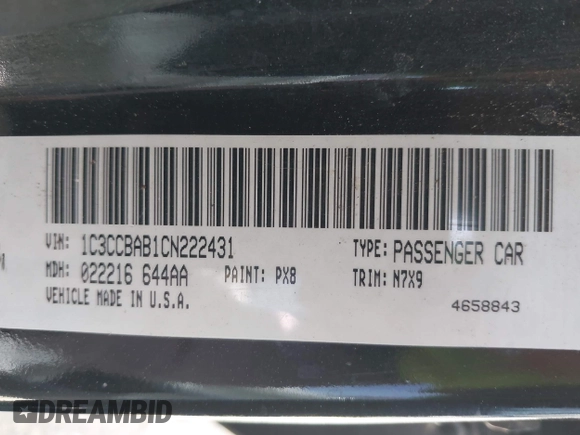 2012 Chrysler 200 LX with VIN 1C3CCBAB1CN222431, listed as a IAAI auction lot 41935571 with 133,561 mi miles. Bid and sale history available at carsss.com. Image 9.