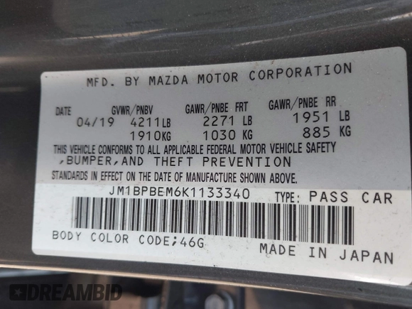 2019 Mazda 3 Premium with VIN JM1BPBEM6K1133340, listed as a IAAI auction lot 42711496 with 121,674 mi miles and . Bid and sale history available at DreamBid. Image 9.