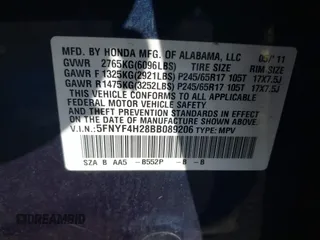 2011 Honda Pilot LX with VIN 5FNYF4H28BB089206, listed as a IAAI auction lot 41852945 with 62,116 mi miles. Bid and sale history available at carsss.com. Image 9.