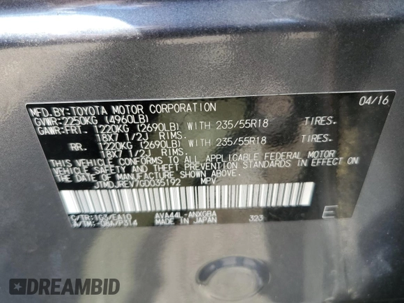 2016 Toyota RAV4 Limited with VIN JTMDJREV7GD035192, listed as a Copart auction lot 61754305 with 67,084 mi miles and Salvage title. Bid and sale history available at DreamBid. Image 13.