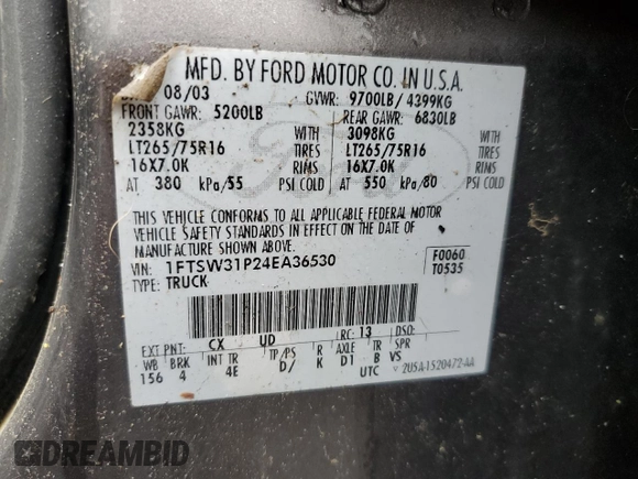 2004 Ford F-350 XL with VIN 1FTSW31P24EA36530, listed as a Copart auction lot 55257775 with 287,608 mi miles and Clean title. Bid and sale history available at DreamBid. Image 12.